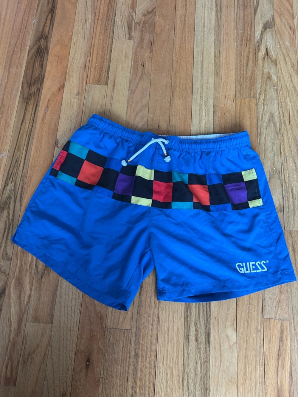 GUESS Bright Blue Swim Trunks with Multicolor Checkerband
